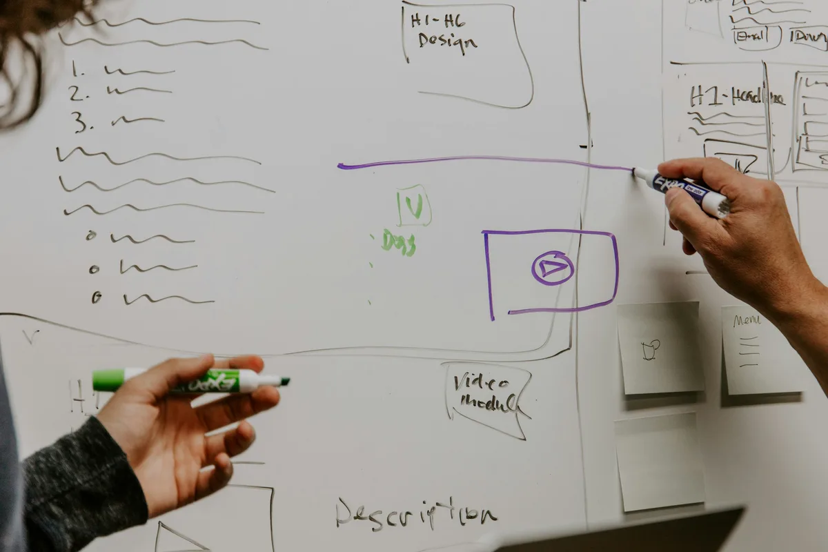 Two people collaborating on a whiteboard planning session